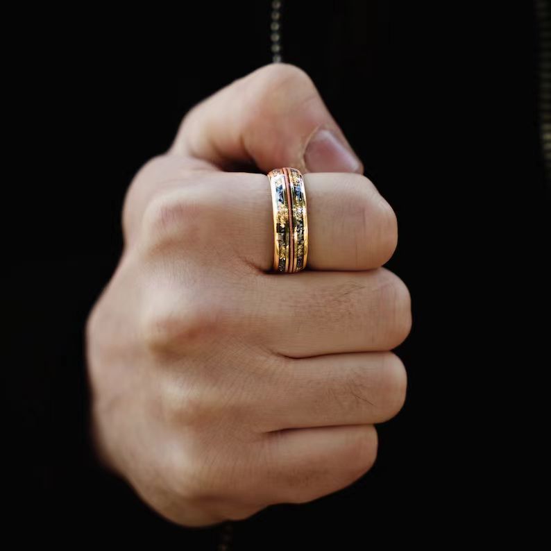European and American Cross-Border Best-Selling Stainless Steel Rings, Meteorite Inlaid Gold Foil Men's Light Luxury Fashion Personalized Rings Wholesale