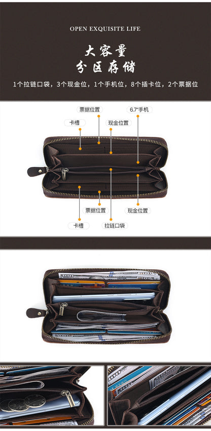 Crazy Horse Leather National Trend Long Wallet Men's Large Capacity Zipper Clutch Genuine Leather Retro Style Men's Wallet Card Holder