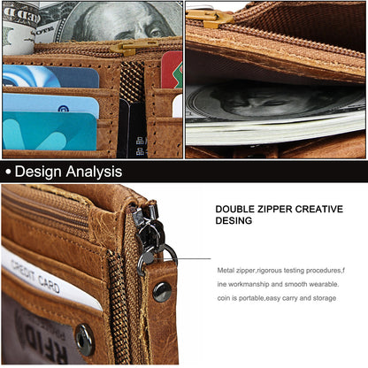 Crazy Horse Cowhide Men's Wallet RFID Anti-theft Brush Cowhide Short Men's Ticket Clip Wallet Double Zipper Coin Purse