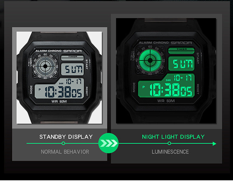 Sanda Hot-selling Square Watch Luminous Waterproof Alarm Student Watch Simple Korean Transparent Sports Electronic Watch