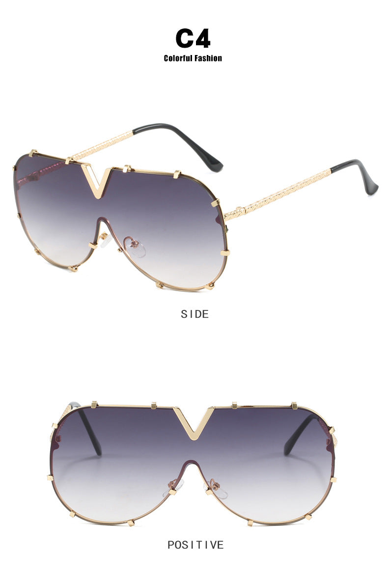 Fashion Metal One-Piece Sunglasses 2024 New Cross-Border European and American V Large Frame Sunglasses Ins Internet Celebrity Sunglasses