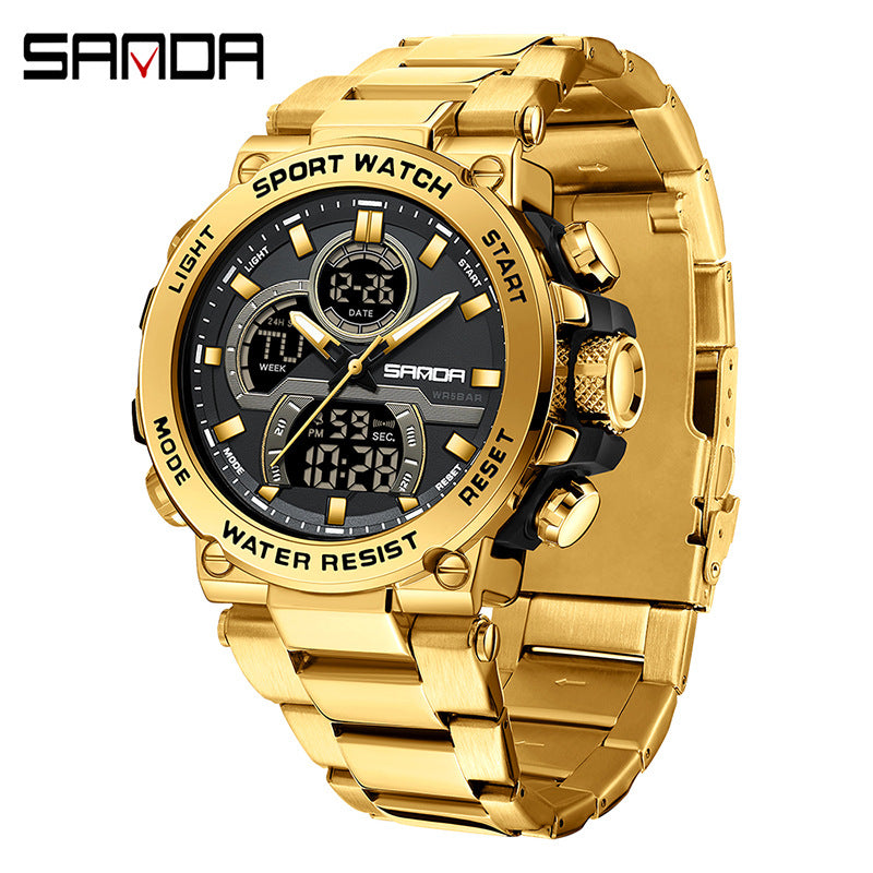 Sanda foreign trade best selling electronic watch fashion business steel band luminous wrist watch multi-functional dual display men's watch wholesale