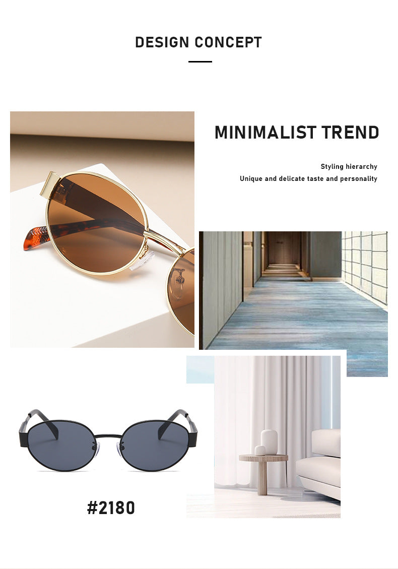 New Metal Oval Sunscreen Sunglasses Cross-Mirror European and American Ins Xiaohongshu Same Style Sunglasses Amazon Hot Selling