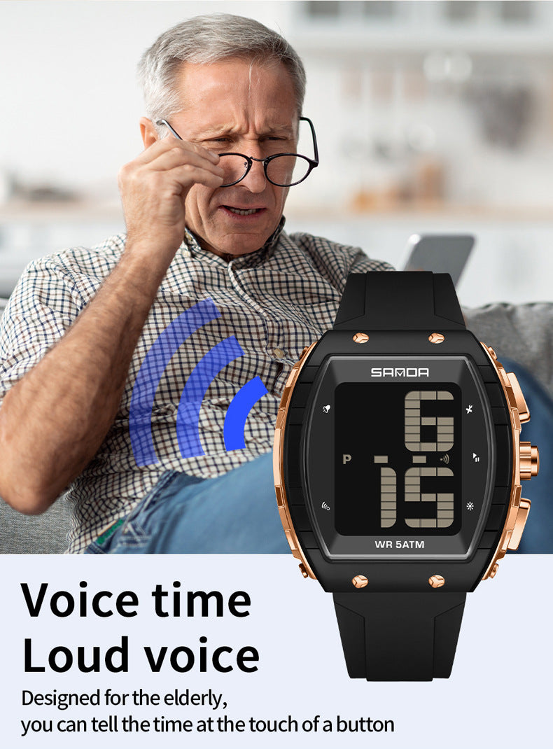 Sanda Elderly Voice Time Watch Large Digital Screen Luminous Multi-Function Watch Waterproof Calendar Digital Watch