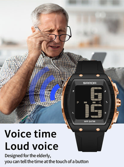 Sanda Elderly Voice Time Watch Large Digital Screen Luminous Multi-Function Watch Waterproof Calendar Digital Watch