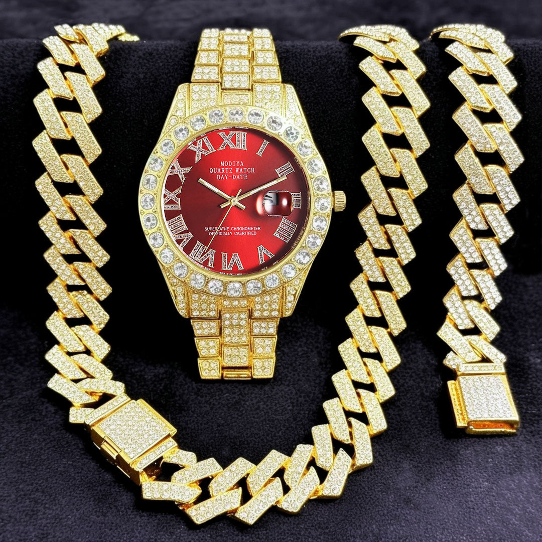 [Bross-Border Hot Item] 16-Piece Set of Various Diamond-Encrusted Watches, Diamond-Shaped Cuban Bracelets and Necklaces, Three-Piece Set