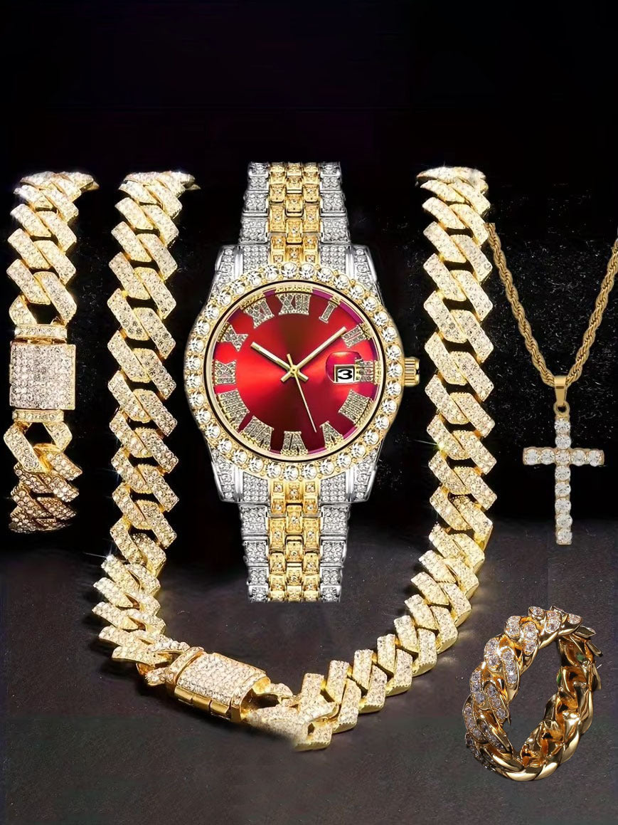 Hiphop Hip Hop Diamond Watch Five-Piece Diamond Cuban Chain Cross Necklace Cuban Ring Cross Border Wholesale