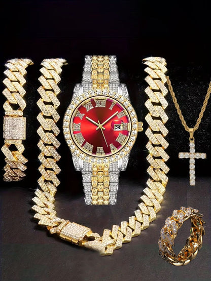 Hiphop Hip Hop Diamond Watch Five-Piece Diamond Cuban Chain Cross Necklace Cuban Ring Cross Border Wholesale