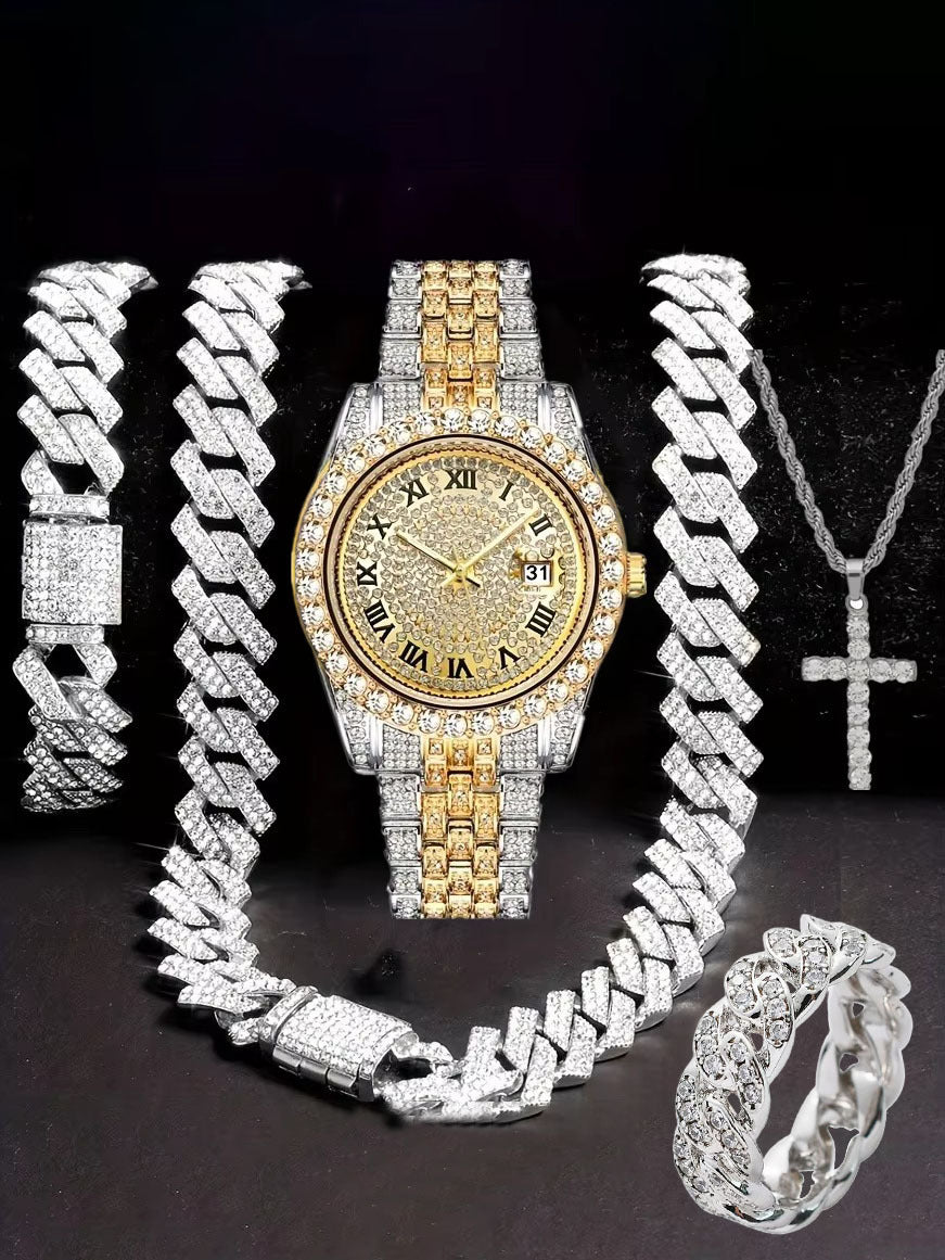 Hiphop Hip Hop Diamond Watch Five-Piece Diamond Cuban Chain Cross Necklace Cuban Ring Cross Border Wholesale