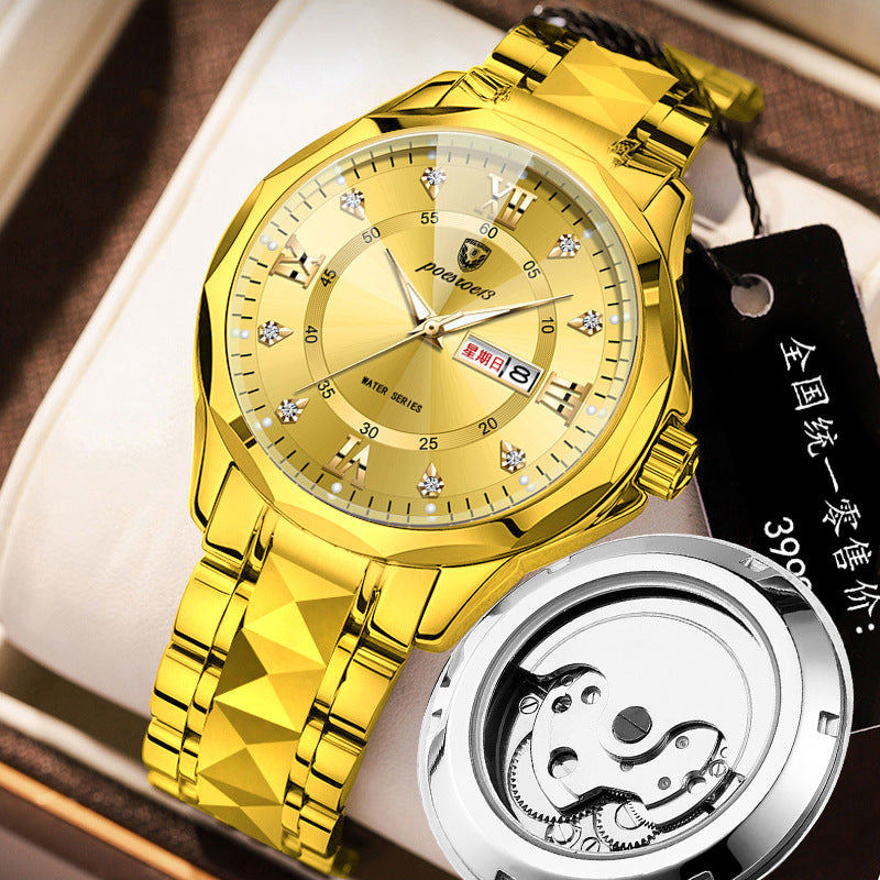 FOURRON brand imitation mechanical hollow-out transparent men's watch butterfly buckle steel belt luminous waterproof calendar Diamond