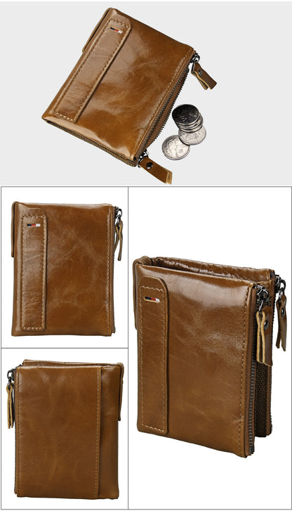 Crazy Horse Cowhide Men's Wallet RFID Anti-theft Brush Cowhide Short Men's Ticket Clip Wallet Double Zipper Coin Purse