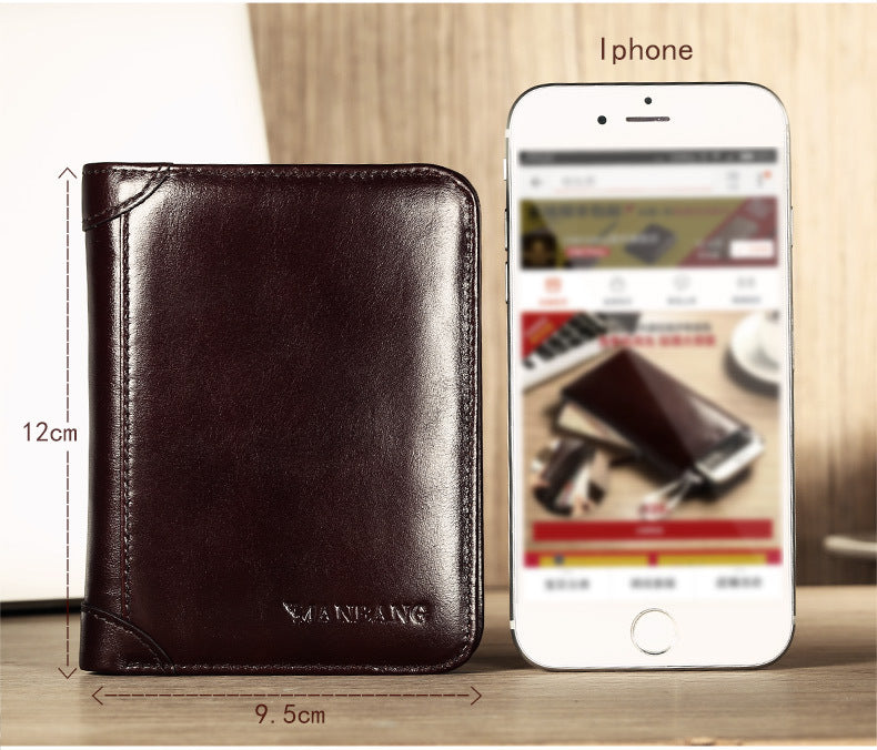 Cross-border delivery Manbang wallet oily leather short first layer cowhide wallet classic tri-fold RIFD anti-theft wallet