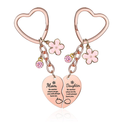 Mother's Day Keychain Women's Rose Gold Engraved Flower Pendant Keychain Love Puzzle Keychain Set