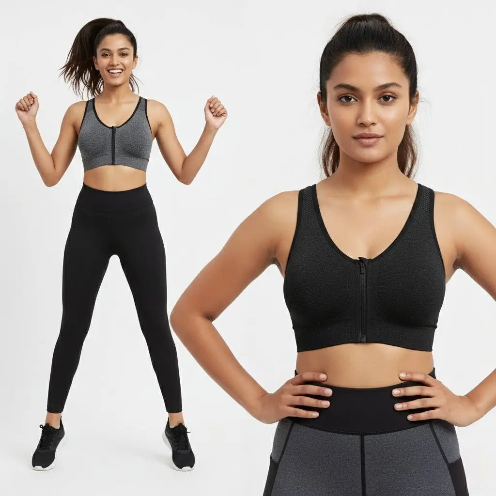 Push-Up Combo Sports Bra – Front Zipper | Yoga, Gym & All-Day Comfort | Gray & Black