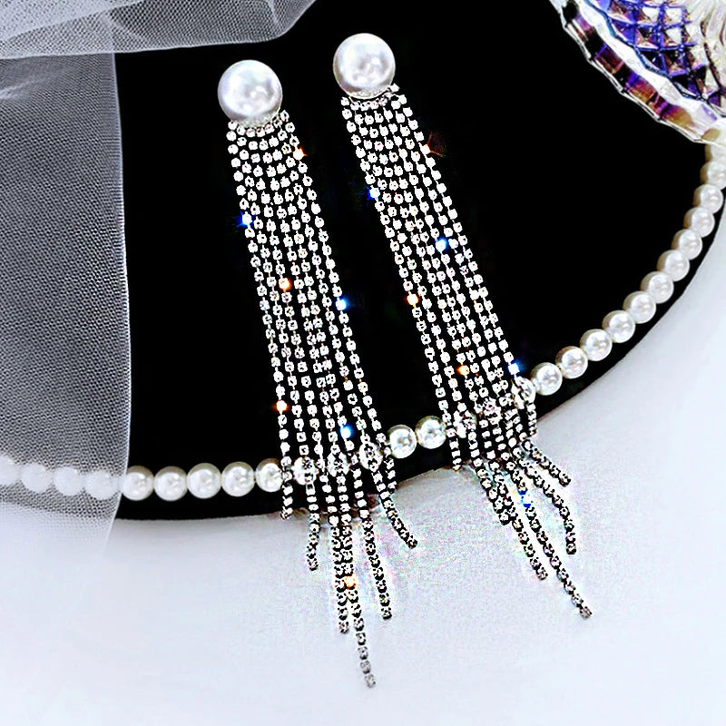 Shiny Crystal Zircon Long Stud Earrings for Women Geometric Hanging Drop Tassel Earring Fashion Party Vintage Pendant Jewelry