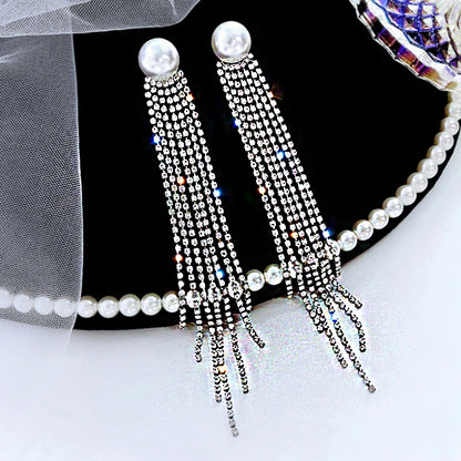Shiny Crystal Zircon Long Stud Earrings for Women Geometric Hanging Drop Tassel Earring Fashion Party Vintage Pendant Jewelry