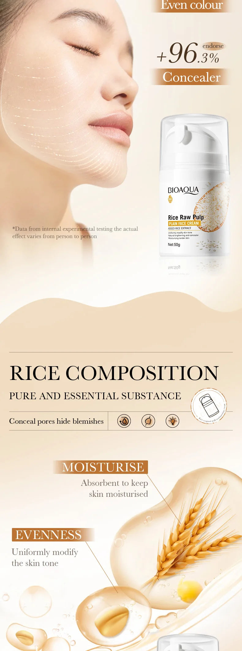 BIOAOUA Rice Raw Pure Non-Facial Cream Brightening and Rejuvenating Facial Brightening Cream