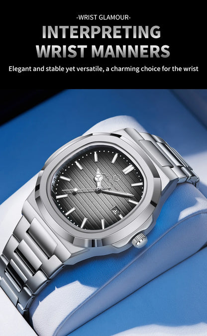 2026 New Luxury Military Man Watch Square Waterproof Luminous Date Week Men Watch Stainless Steel Quartz Men's Watches Reloj+box