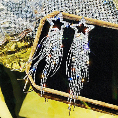 Shiny Crystal Zircon Long Stud Earrings for Women Geometric Hanging Drop Tassel Earring Fashion Party Vintage Pendant Jewelry