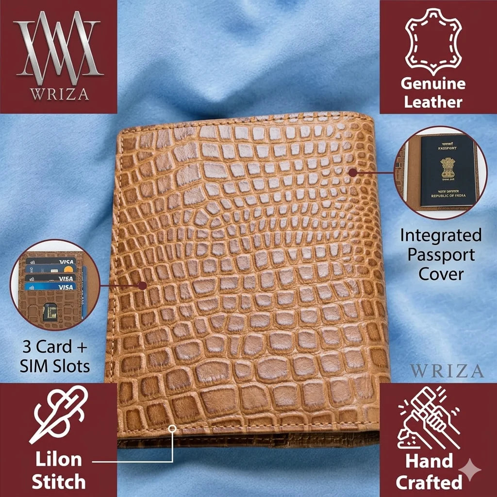WRIZA Tan Genuine Leather RFID Protected Wallet for Men Women Trips 3 Card Sim Memory Card Slots Passport Cover for Credit Cards