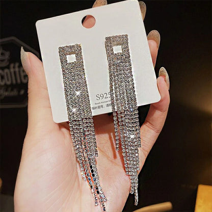 Shiny Crystal Zircon Long Stud Earrings for Women Geometric Hanging Drop Tassel Earring Fashion Party Vintage Pendant Jewelry