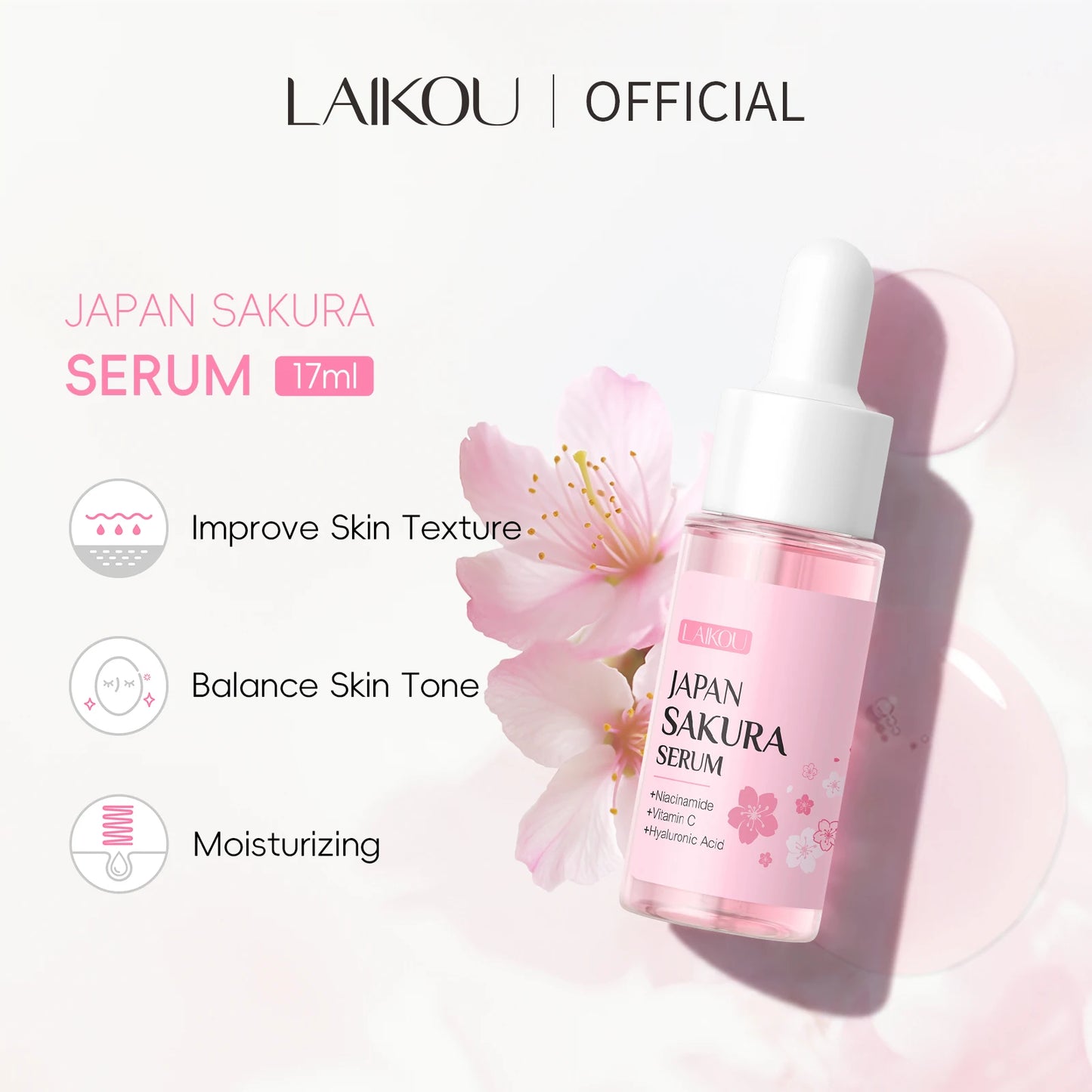 LAIKOU Japan Sakura Serum 17ml Tighten Pores Moisturizing Balance Skin Tone Brightening Facial Essence