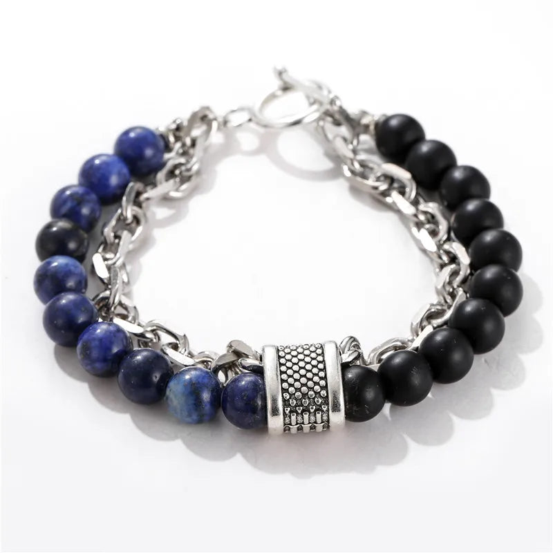 1 PCs Fashion Punk Frosted Stone Chain Geometric Double Layer Wear High Sense Trend All-Match Beaded Bracelet