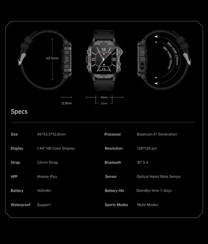 2026 New Military Smart Watch Men IP67 3ATM Outdoor Sports Fitness Tracker Health Monitor 1.44Inch BT Call Smartwatch