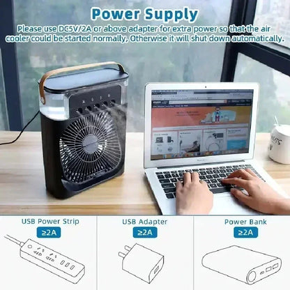 Mini 3 In 1 USB Air Cooler Portable Desk Humidifier Fan With LED Night Light