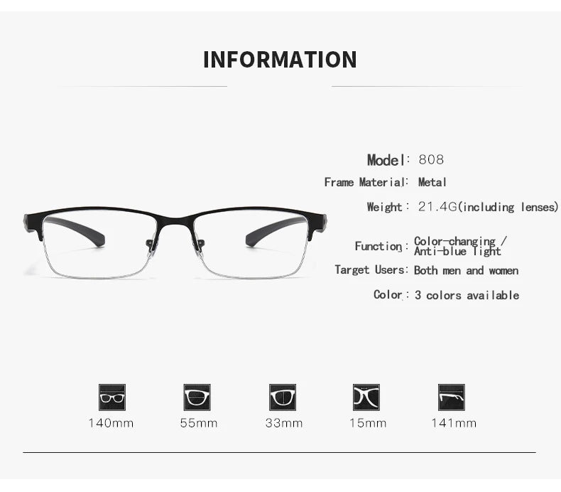 Color-changing Presbyopic Glasses, Automatic Zooming Glasses, Half-frame Glasses, Anti-blue Light Presbyopic Glasses808