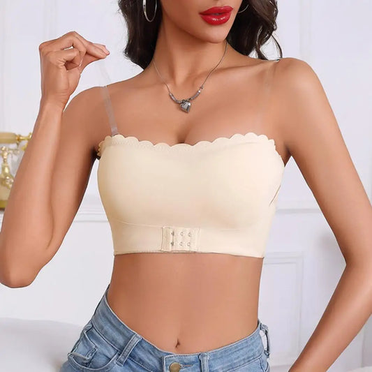Women's Front Closure Strapless Bra Wireless Push Up Bandeau Bra Non-Slip Seamless Padded Tube Top Bra