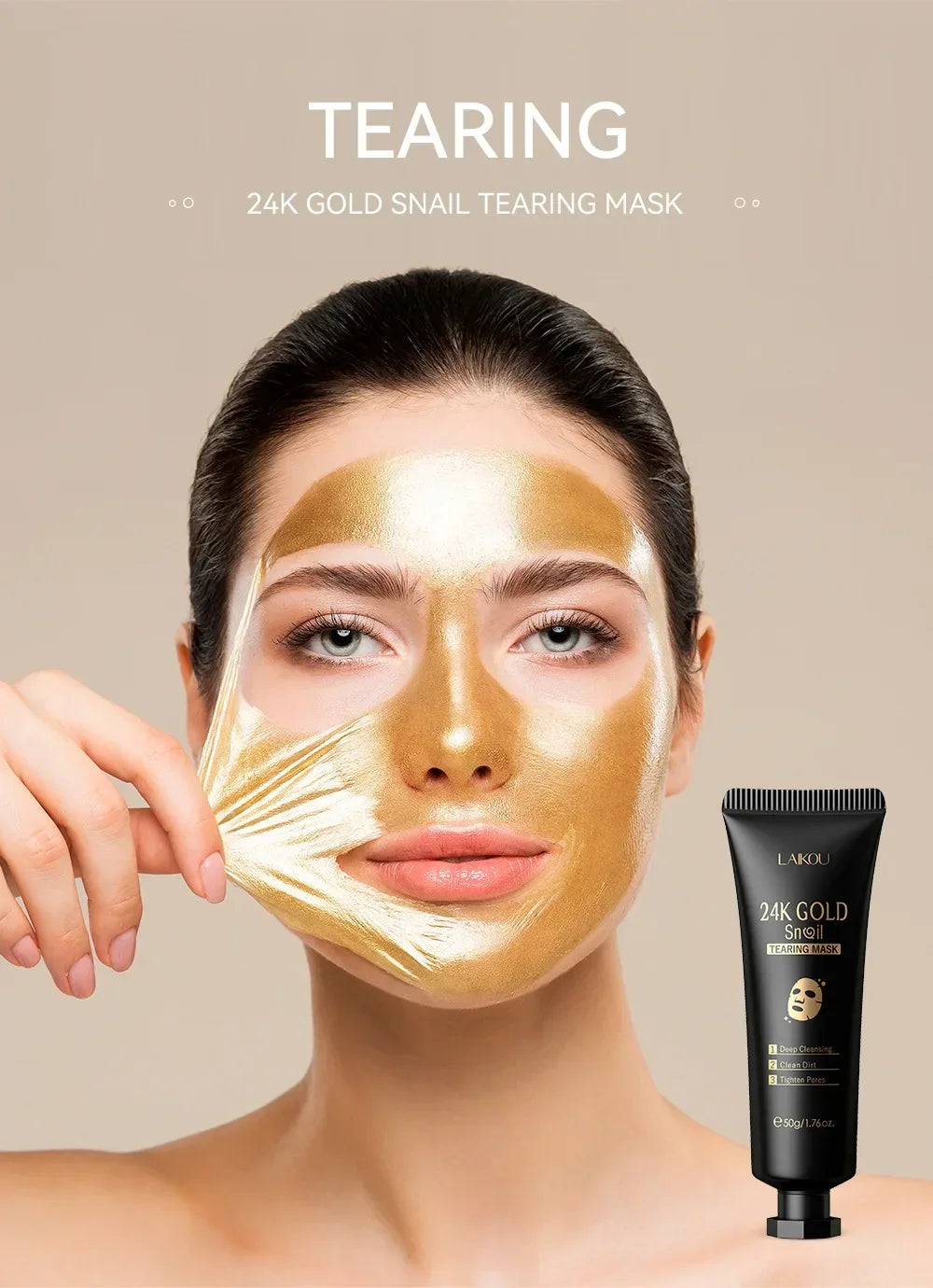 LAIKOU 24K Gold Snail Tear Off Mask, Deep Cleansing Pore Minimizing, Oil Control Blackhead Removal, Tightening Mask 50g