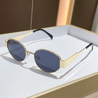 Oval-Shaped Women'S/Men's Sunglasses, Fashionable Metal Frame Sunglasses, Classic Style, Uv Protection Feature, Casual Street Style
