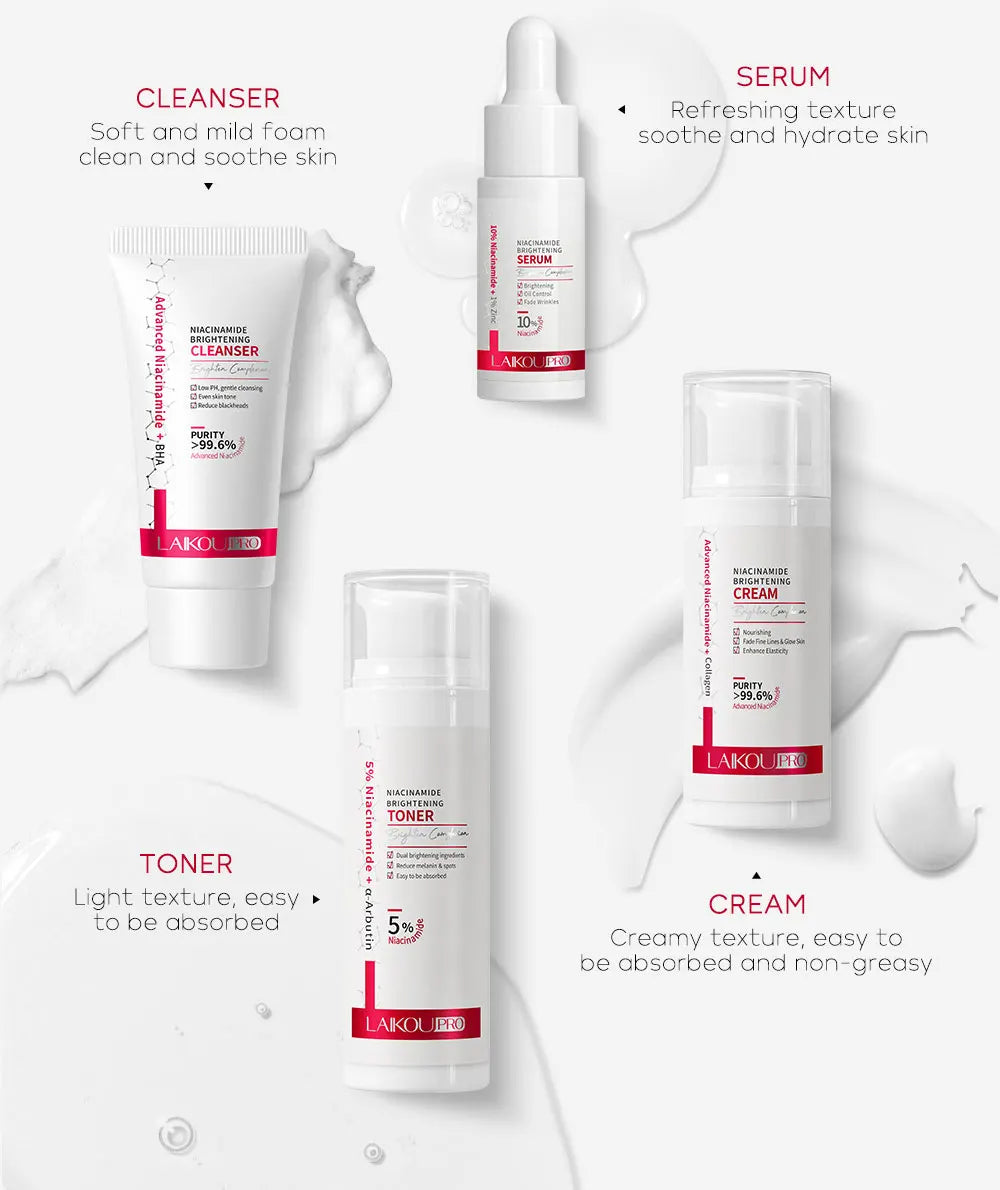 LAIKOU PRO Niacinamide Radiant Skin Care Set -Low PH Cleanser , Moisturizing Toner , Deep Nourishing Serum - Rejuvenate Cream