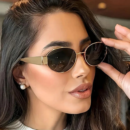 Oval-Shaped Women'S/Men's Sunglasses, Fashionable Metal Frame Sunglasses, Classic Style, Uv Protection Feature, Casual Street Style