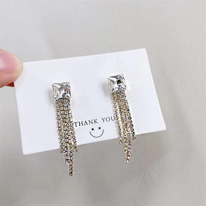 Shiny Crystal Zircon Long Stud Earrings for Women Geometric Hanging Drop Tassel Earring Fashion Party Vintage Pendant Jewelry