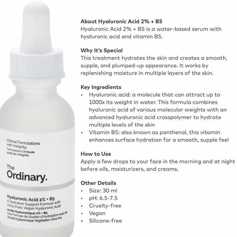 The Ordinary Hyaluronic Acid 2% + B5 A  Hydrating Support  Formula with Ultra-Pure,Vegan Hyaluronic Acid Serum Skin 30ML