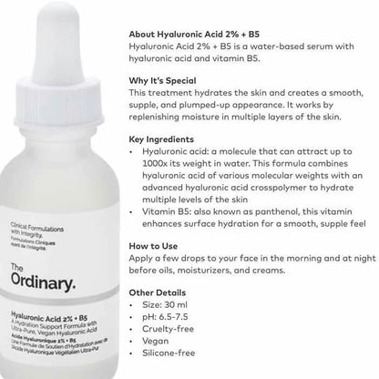 The Ordinary Hyaluronic Acid 2% + B5 A  Hydrating Support  Formula with Ultra-Pure,Vegan Hyaluronic Acid Serum Skin 30ML
