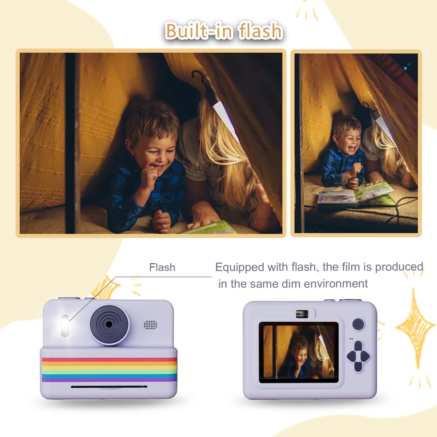 Kids Instant Camera with 32GB Memory Card & Color Pencil, Dual Cameras, Flashlight, the Perfect Gift for Boys and Girls.