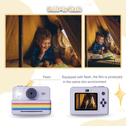 Kids Instant Camera with 32GB Memory Card & Color Pencil, Dual Cameras, Flashlight, the Perfect Gift for Boys and Girls.