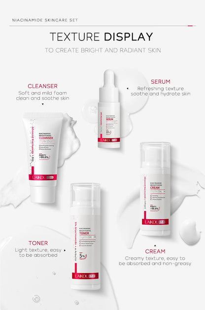 LAIKOU PRO Niacinamide Radiant Skin Care Set -Low PH Cleanser , Moisturizing Toner , Deep Nourishing Serum - Rejuvenate Cream