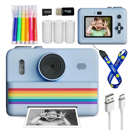 Kids Instant Camera with 32GB Memory Card & Color Pencil, Dual Cameras, Flashlight, the Perfect Gift for Boys and Girls.