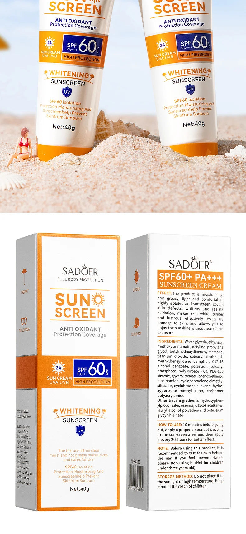 SAODER Spf 60+ Sunscreen For Face Body Sun Block Creams Sweat Proof Refreshing Non Greasy Solar Blocker Protector Sun Cream