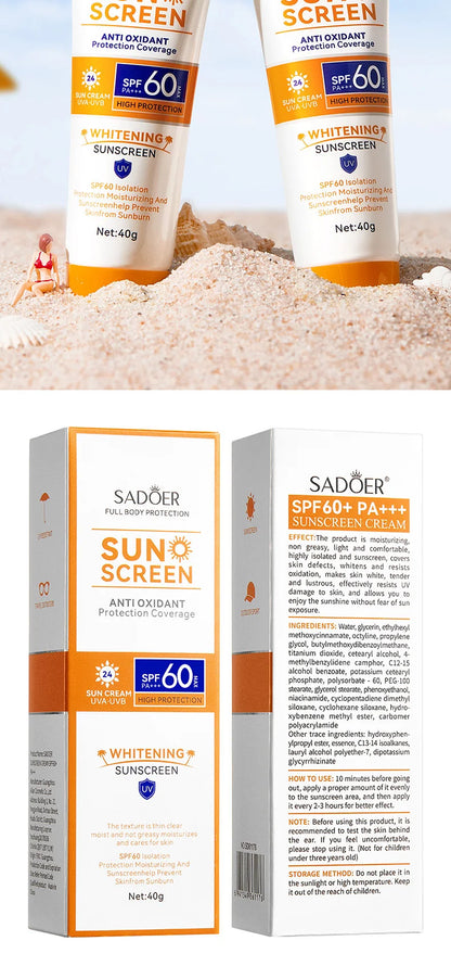 SAODER Spf 60+ Sunscreen For Face Body Sun Block Creams Sweat Proof Refreshing Non Greasy Solar Blocker Protector Sun Cream