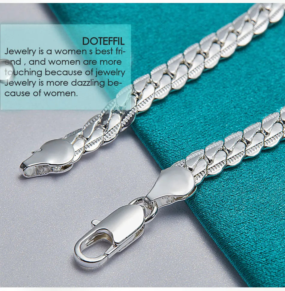 DOTEFFIL 925 Silver Bracelet 6mm 18/19/20cm Flat Side Chain Lobster Clasp For Woman Man Wedding Engagement Jewelry