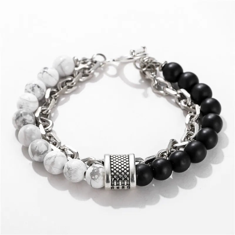 1 PCs Fashion Punk Frosted Stone Chain Geometric Double Layer Wear High Sense Trend All-Match Beaded Bracelet