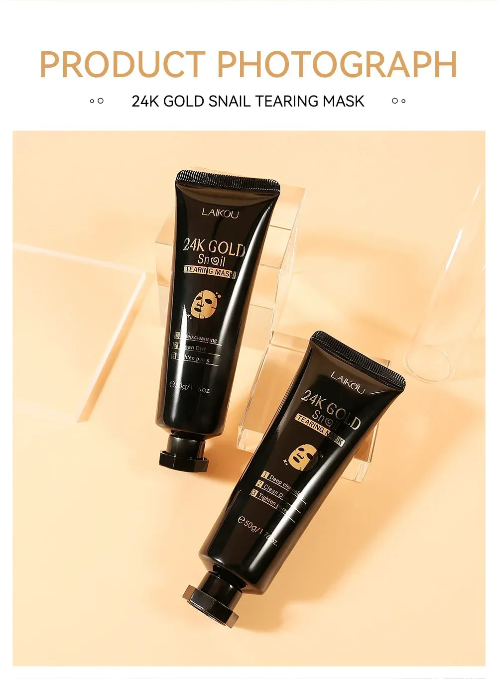 LAIKOU 24K Gold Snail Tear Off Mask, Deep Cleansing Pore Minimizing, Oil Control Blackhead Removal, Tightening Mask 50g