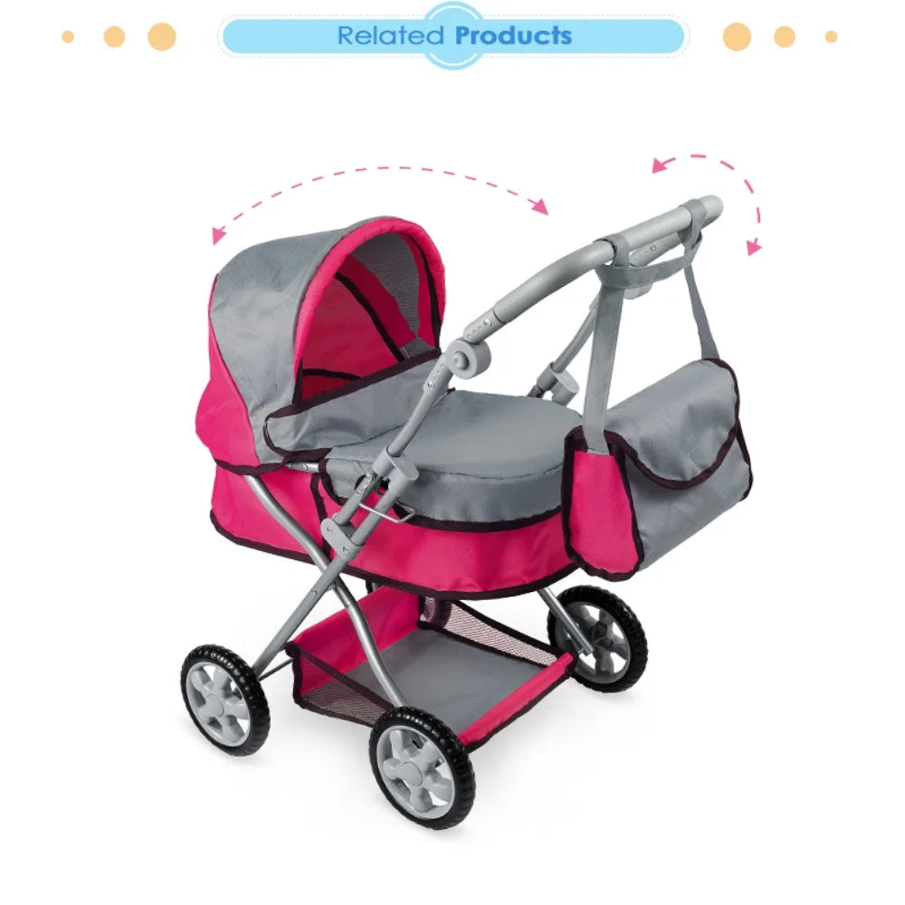 Foldable Baby Doll Stroller Large Toy Pram with Shoulder Bag Retractable Canopy Adjustable Soft Handle Kids Girls Pretend Play