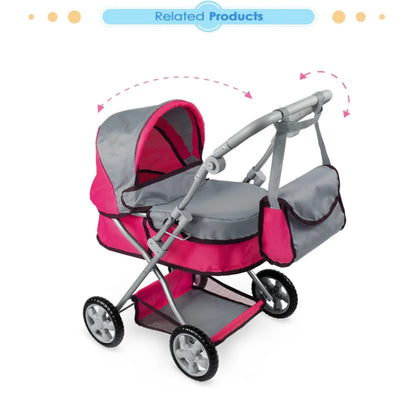 Foldable Baby Doll Stroller Large Toy Pram with Shoulder Bag Retractable Canopy Adjustable Soft Handle Kids Girls Pretend Play