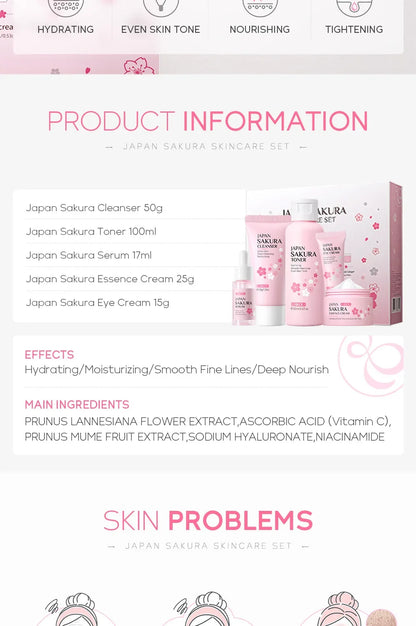 LAIKOU Sakura Kit Skin Care Sets Moisturizing and Reducing Fine Lines Cleansing Pore Product 5-Piece Korean Women's Day Gift
